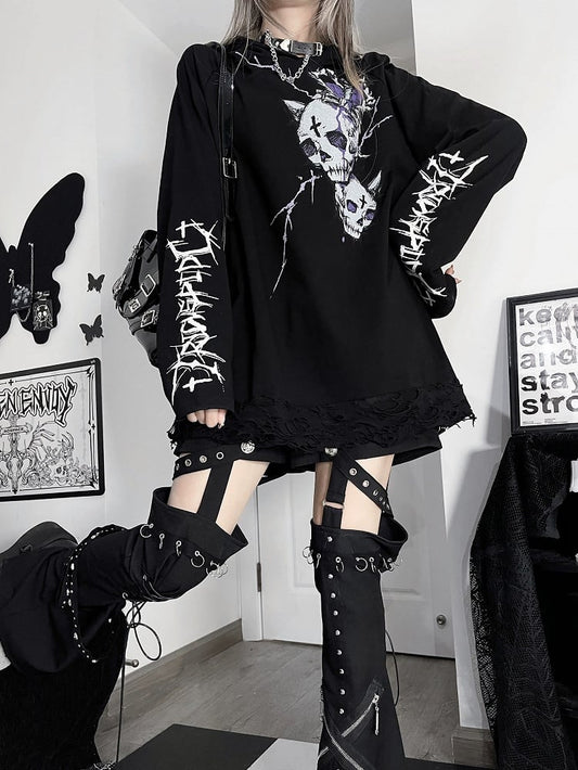 Black And Print Emo Skeleton Hoodie Letter Punk