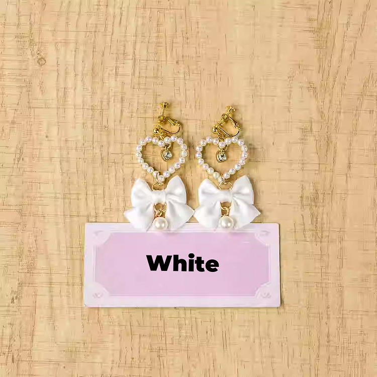 Heart Ear Clips Jirai Kei White/Dusty Beaded Pink/Blue/Black/Pink Bow