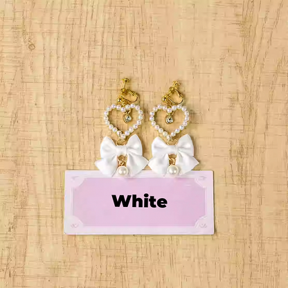 Heart Ear Clips Jirai Kei White/Dusty Beaded Pink/Blue/Black/Pink Bow