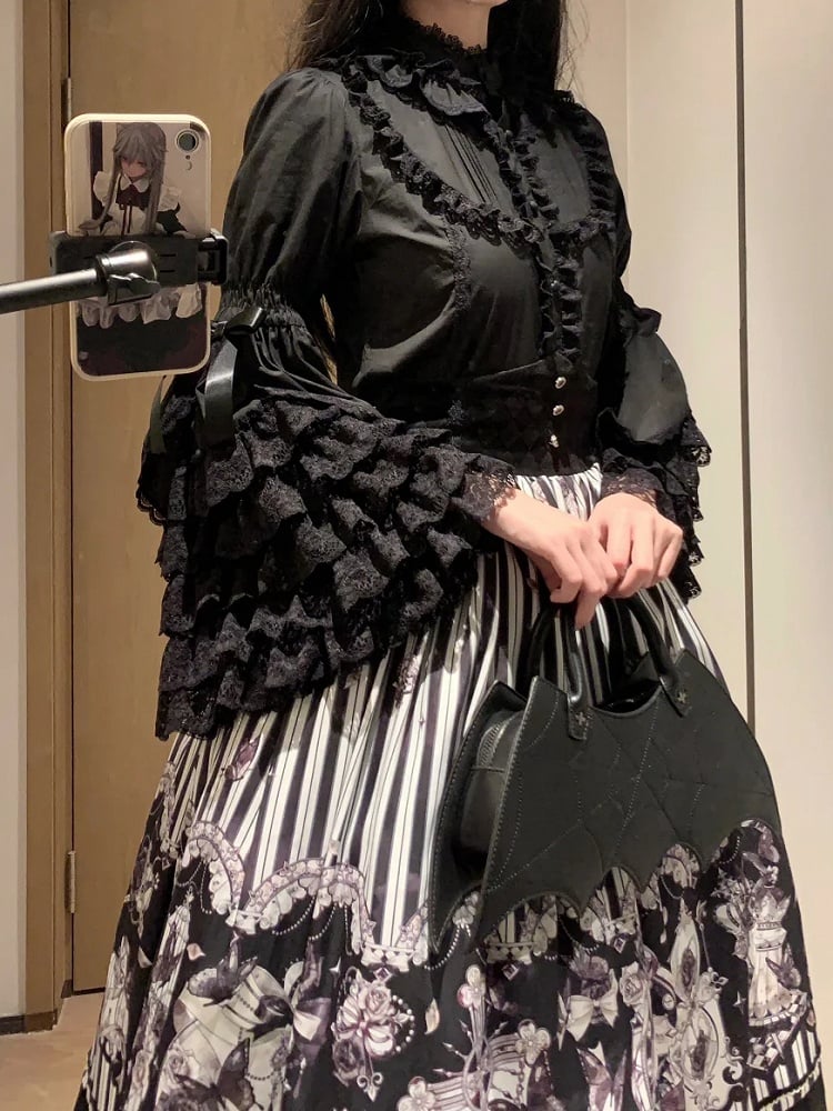 Layered Black Lolita Cotton Gorgeous Lace Bell Sleeves Blouse
