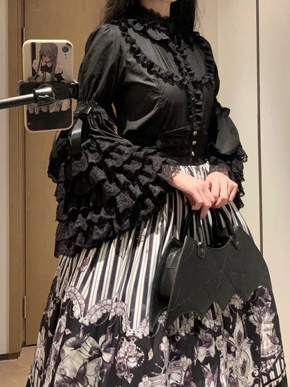 Layered Black Lolita Cotton Gorgeous Lace Bell Sleeves Blouse