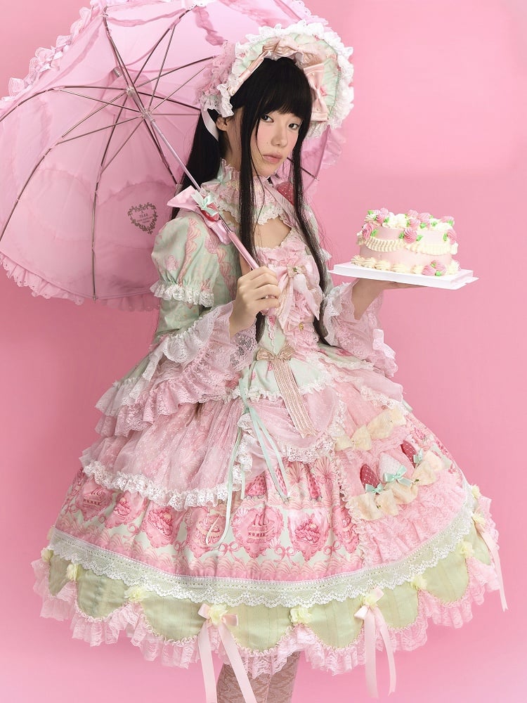 Green & Pink Strawberry Cake Print Bell Sleeve Lolita Dress - Ball Lolita