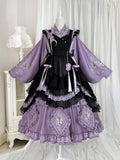 Zarte Schmetterling Schürze Lolita Kleid Schwarz Set Lila Han und Stickerei Voll Floral +