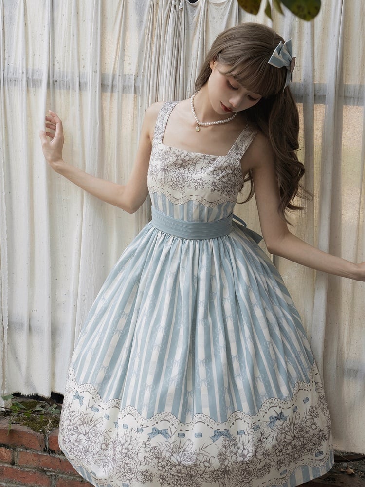 Version Jumper and Lolita Skirt Print Blue Classic Floral Clock Long