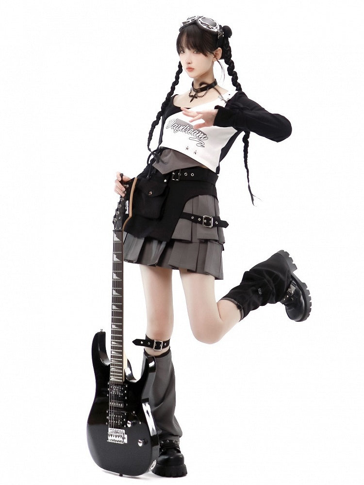 Layered Cargo Futuristic with Box Pleat Pockets Techwear Skirt