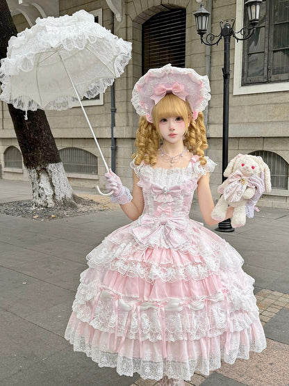 Pink Hanayome Lolita JSK with Bows & Lace Trim - White Sugar Girl