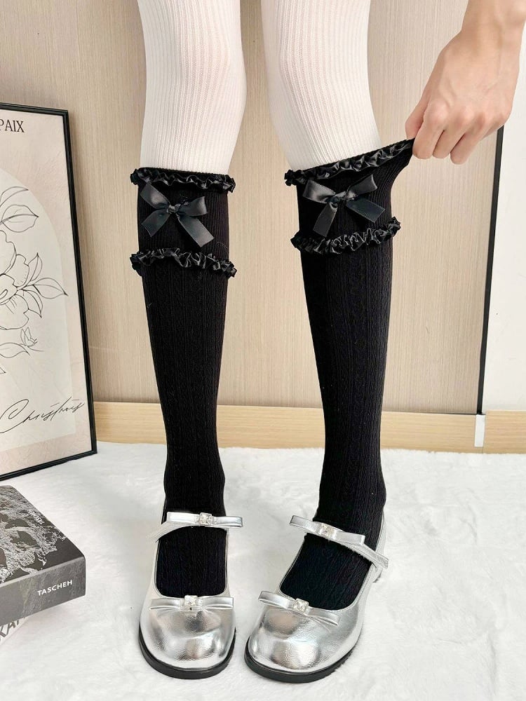 Bow Stockings Lolita Colors) Cable-Knit Style Ruffled (5