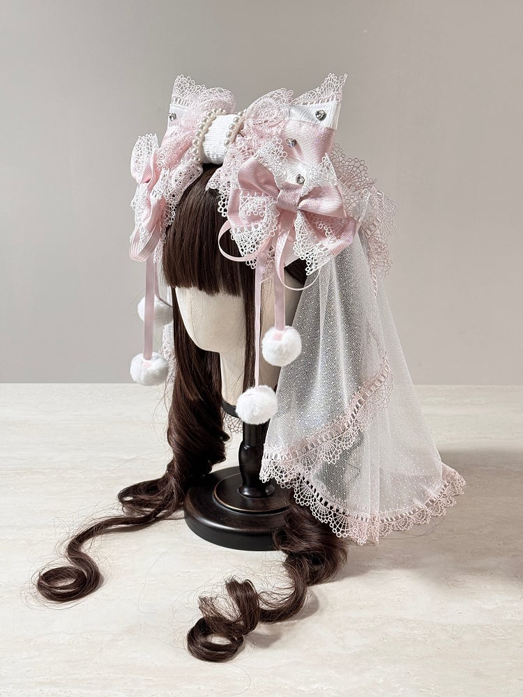 (Detachable Veil Multi-Color KC Lolita Set Bows) Head with Hairclip Lace