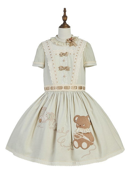 Lolita Dropped Embroidery Teddy Sweet with Green Bear Dress Waist