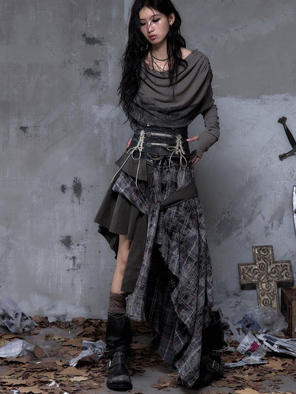 Asymmetrical Rock Front Ties with Vintage PU Hemline Knotted Punk Black Waistband Triangular Skirt Plaid