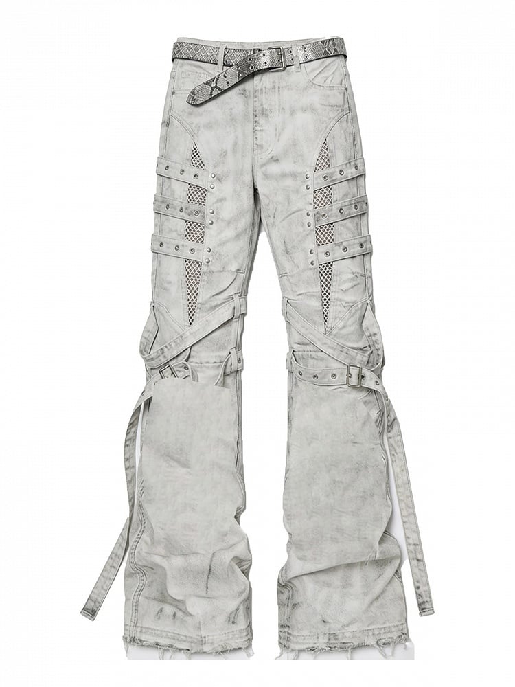 Vintage Batik Distressed Slim Fit Flared Jeans with Strap Accents - Nova nexus