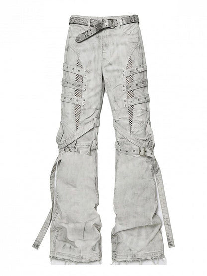 Vintage Batik Distressed Slim Fit Flared Jeans with Strap Accents - Nova nexus