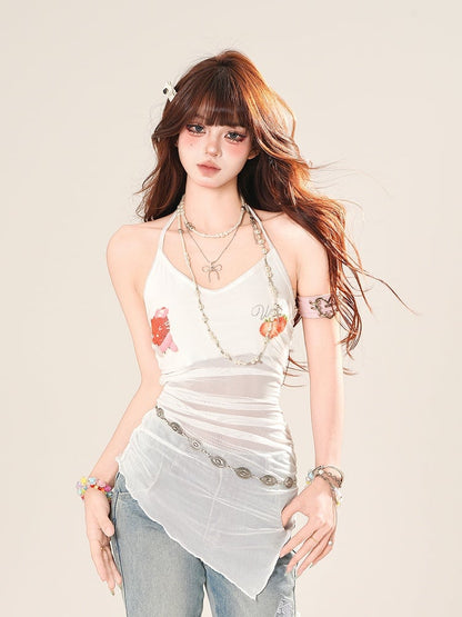 ホルターネック メッシュヘム ストロベリープリント ホワイト アシンメトリートップス スイート