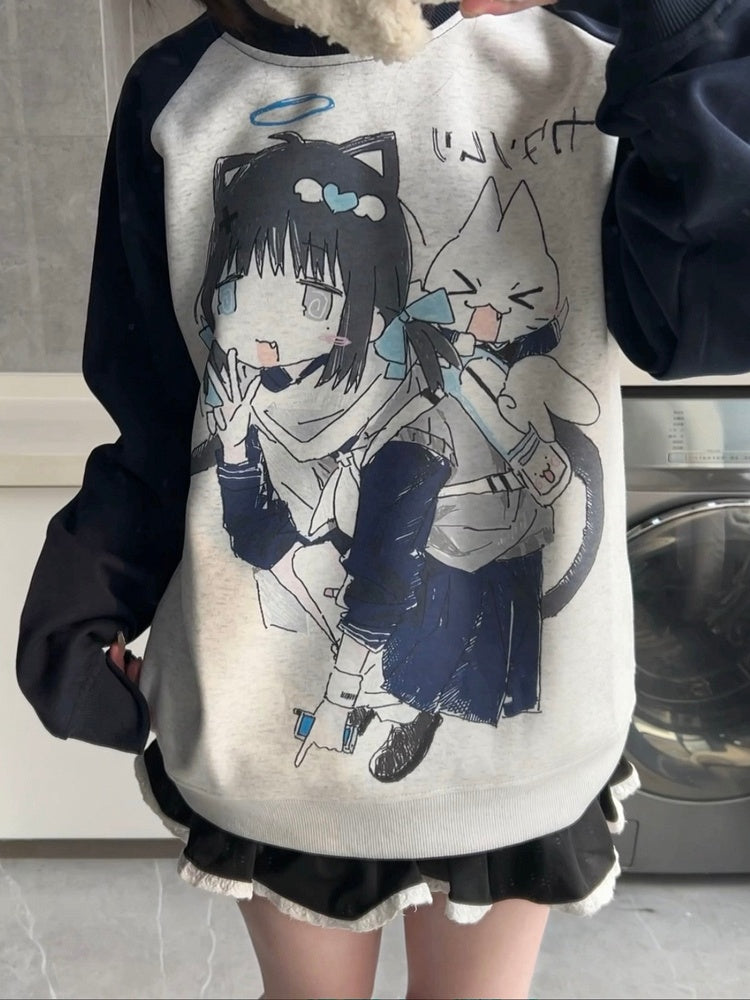 White Colorblock Sweatshirt Crew Cartoon Design Neck Girl with Print