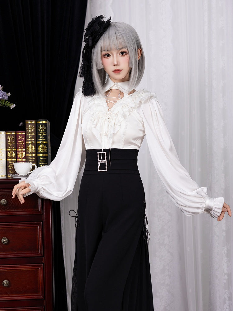 All White Cascading Ruffles V-neck Long Sleeves Backless Shirt with Bead Chains - DevilInspired Exclusive Collection