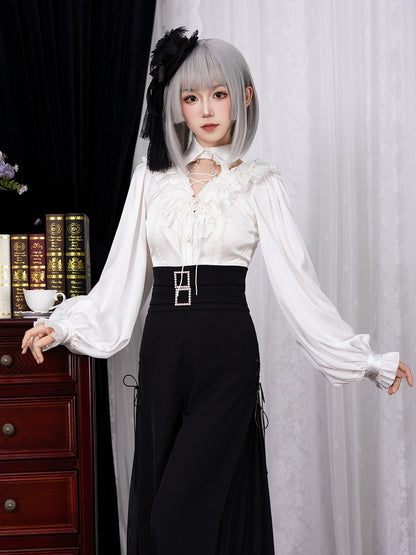 All White Cascading Ruffles V-neck Long Sleeves Backless Shirt with Bead Chains - DevilInspired Exclusive Collection