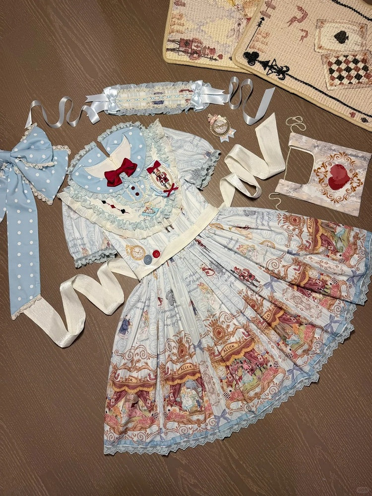 Azure Alice in Wonderland Theme Print Polka-dot Collar Sweet Gown - Forest Fairy Tales