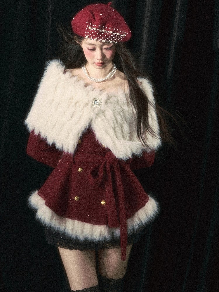 Eleganter Mantel mit schulterfreiem Ausschnitt in Weihnachtsrot/Weiß und abnehmbarem Plüschschal