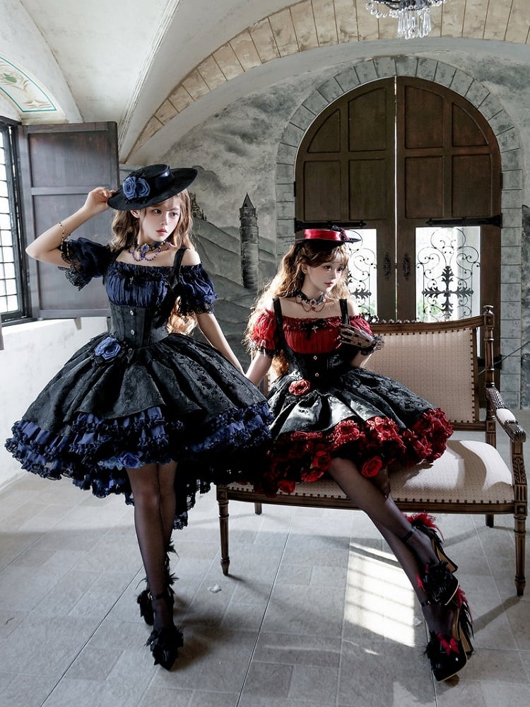 Gothic Underbust JSK Dress with Off-Shoulder Blouse, Red & Black, High-Low Skirt - Sheer Ocean