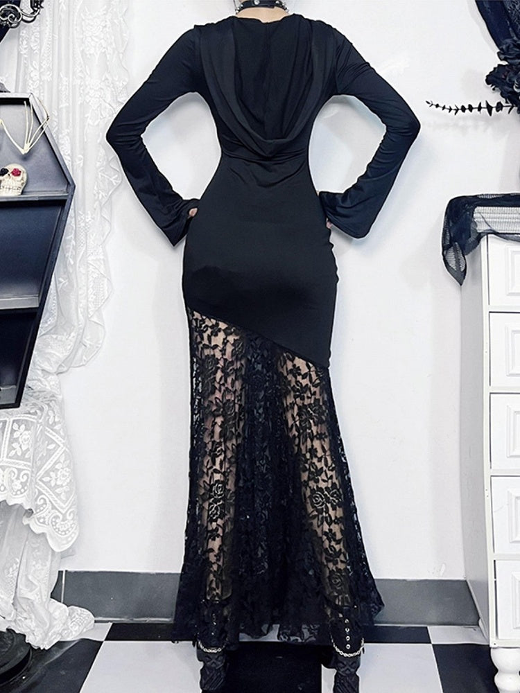 Halloween Cross Witch with Cut-Out Hooded Embroidered Floral Black Dress Lace Gothic