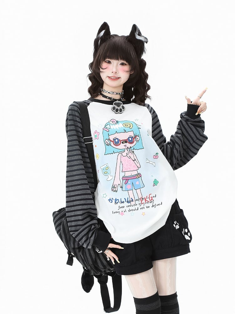 Cartoon Top Sleeve Striped Girl White/Orange