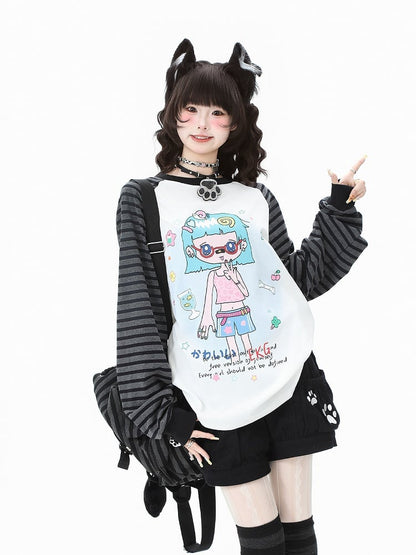 Cartoon Top Sleeve Striped Girl White/Orange