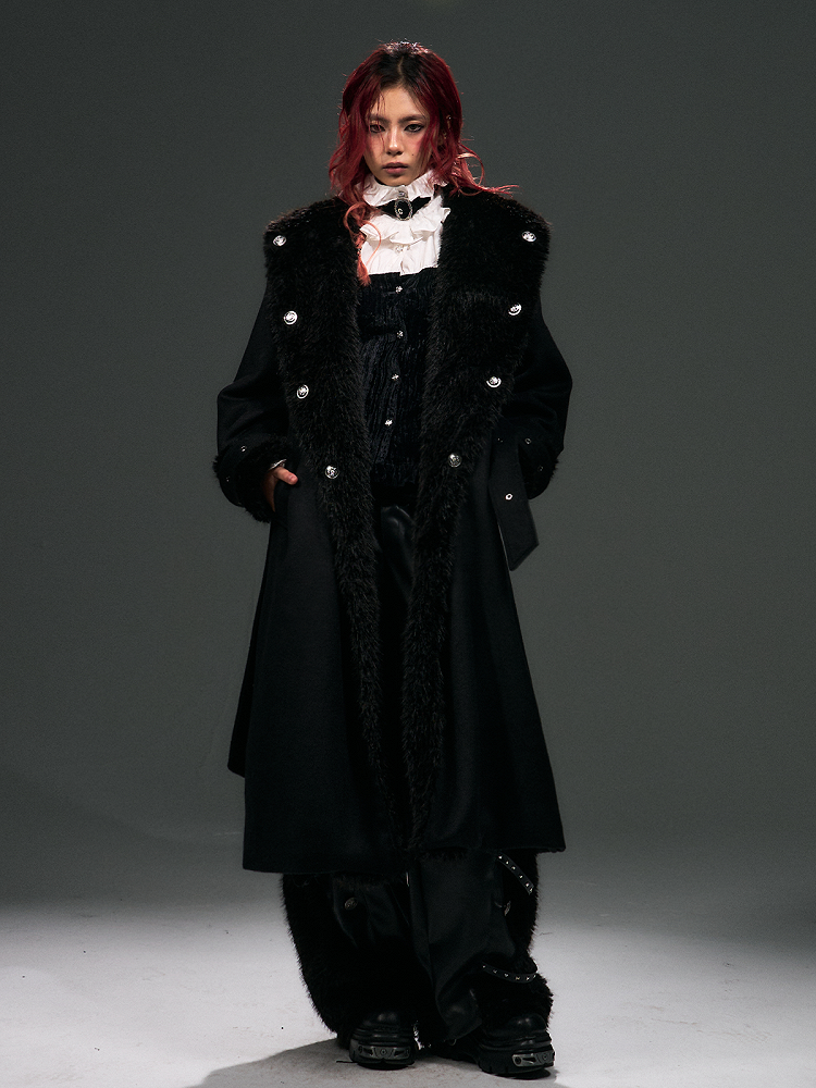 Collar Details Plush Studs Black Coat Punk Tie Wrap Around Long with