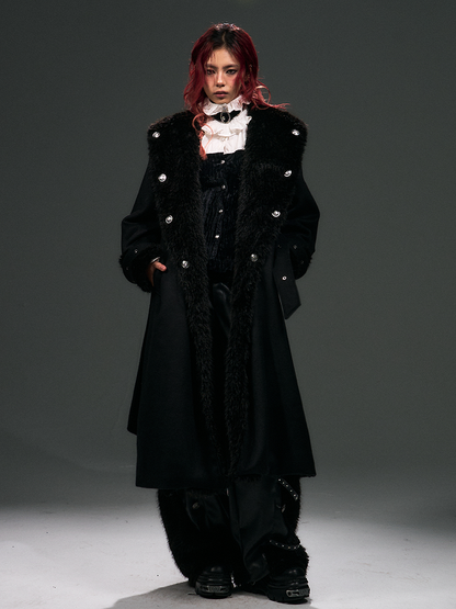 Collar Details Plush Studs Black Coat Punk Tie Wrap Around Long with