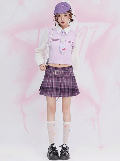 パープルのプレッピースタイルのラウンドネックベスト