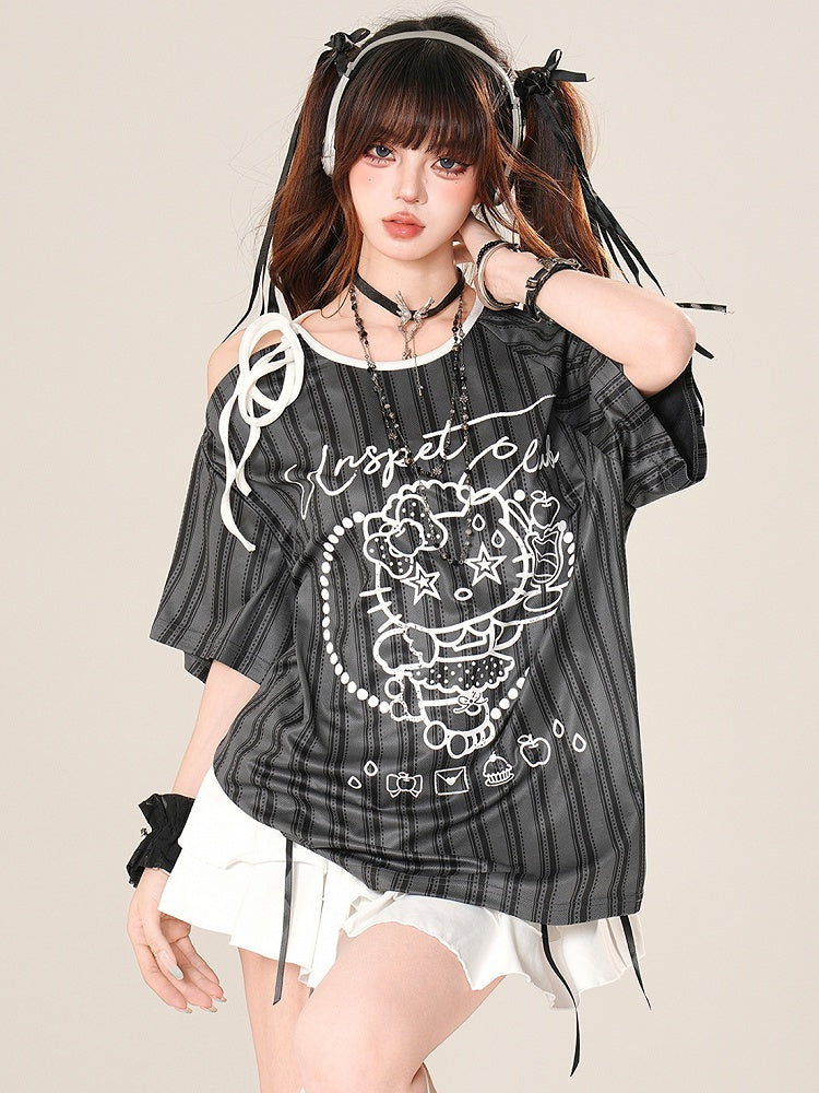 ビタースイートTシャツ ストライプストラップ キティ柄 ブラック/ホワイトプリント ネックライン アシンメトリー セルフタイ