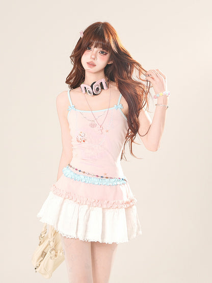 White Lace Trim Mini Tiered Skirt