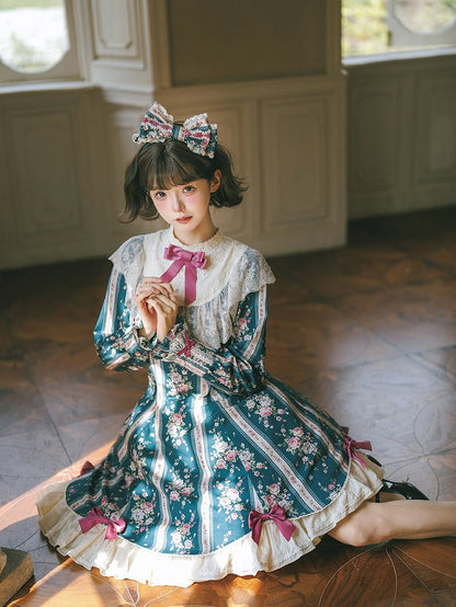 Teal Floral Print Vintage Lolita OP Dress with Lace Detailing & Elegant Design - With PUJI