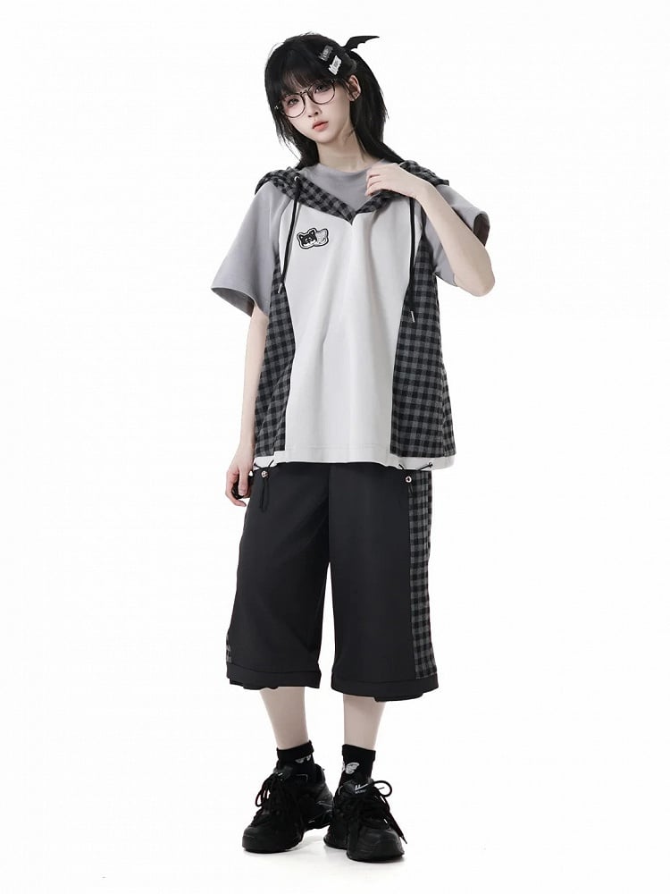 Techwear T-Shirt Plaid Patchwork Design Wolf Stickerei Wolf Ohren Kapuze Grau