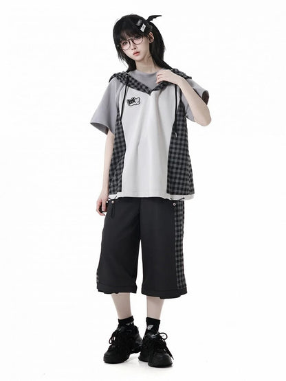 Techwear T-Shirt Plaid Patchwork Design Wolf Stickerei Wolf Ohren Kapuze Grau