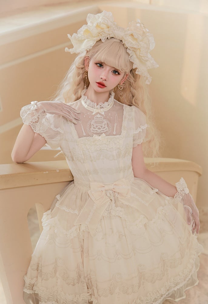 Lolita White One Short Piece Sleeves Neckline Illusion Creamy