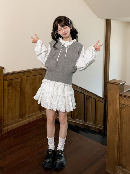 Self-tie Ruffle Neckline White Pleating Hem Blouse Details Lace