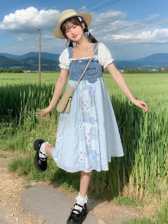 Mori Denim Overallkleid Blau kariert und florales Patchwork-Design Kei