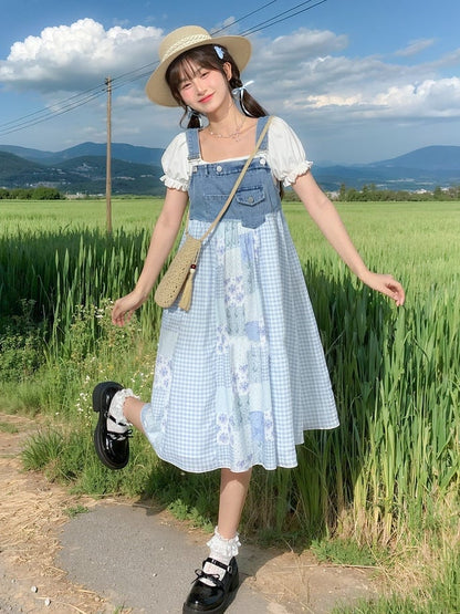 Mori Denim Overallkleid Blau kariert und florales Patchwork-Design Kei