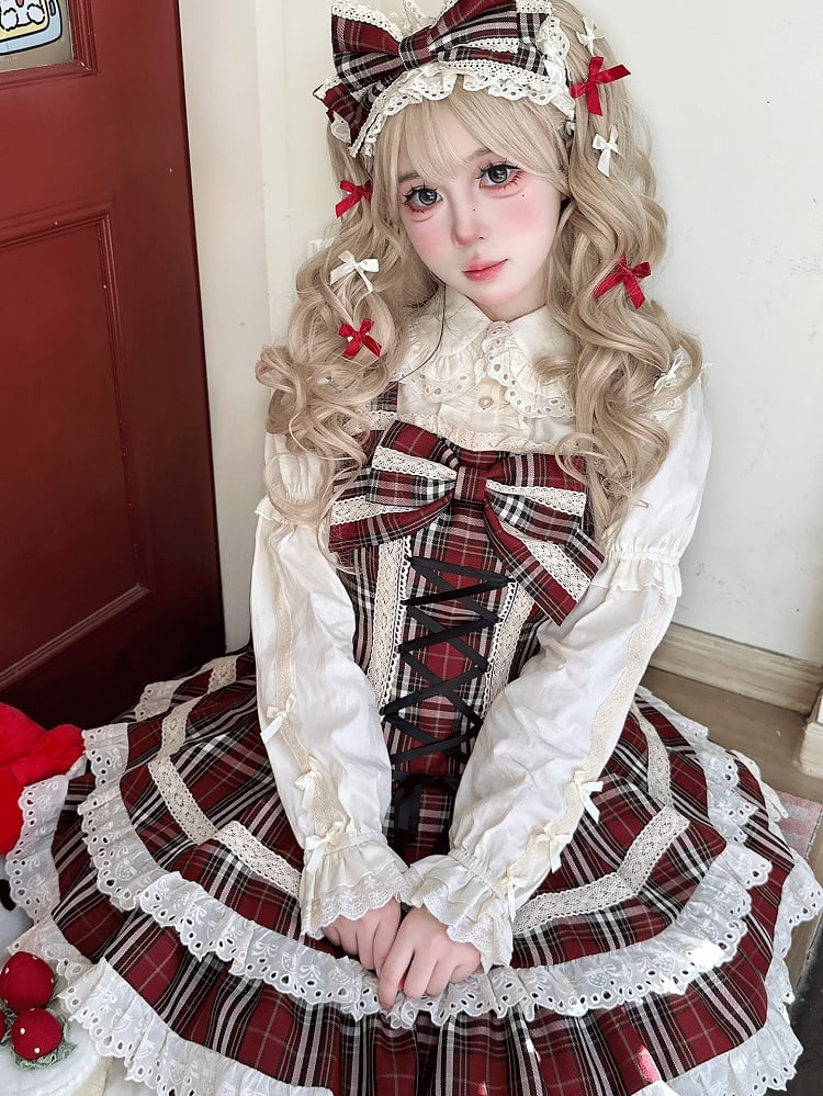 Plaid Dress Red Trim Flutter Sleeves Sweet with Lolita Lace