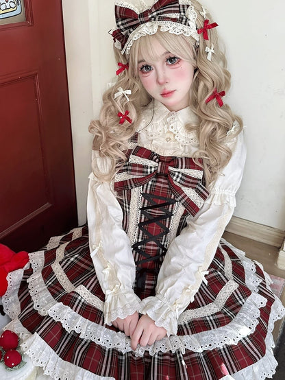 Plaid Dress Red Trim Flutter Sleeves Sweet with Lolita Lace