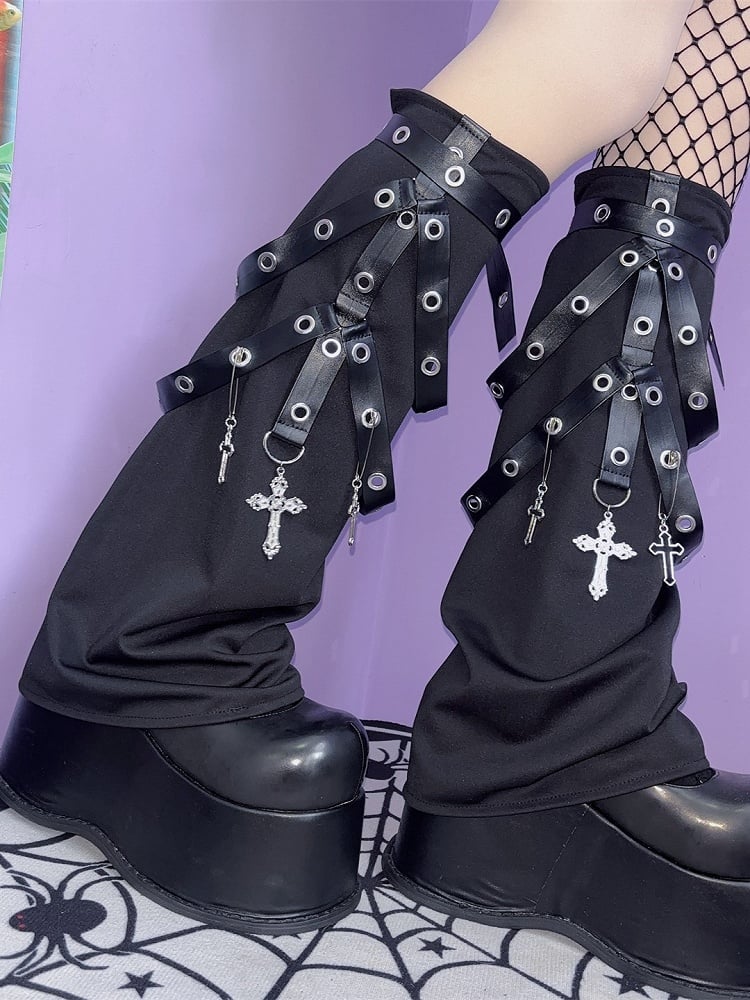 Y2K Punk Cut-out Design Stockings Black Over-knee Cuff Ruffled