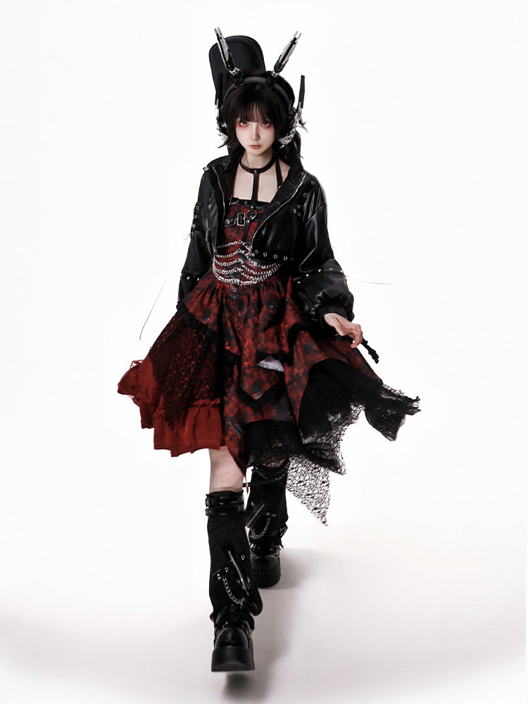 and Bishop Black Leather with Grommet Sleeves PU Details Cropped Jacket Front Zipper