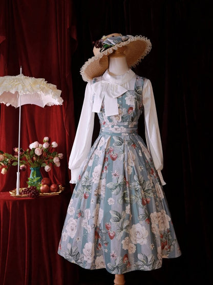 Staubblaues Erdbeer- und Rosen-Quadrat-Ausschnitt, elegantes klassisches Lolita-JSK-Kleid