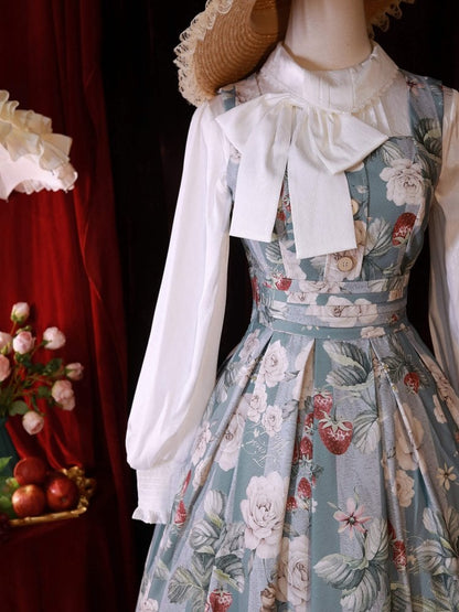 Staubblaues Erdbeer- und Rosen-Quadrat-Ausschnitt, elegantes klassisches Lolita-JSK-Kleid