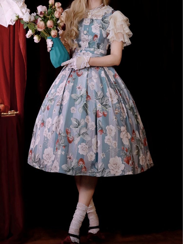 Staubblaues Erdbeer- und Rosen-Quadrat-Ausschnitt, elegantes klassisches Lolita-JSK-Kleid