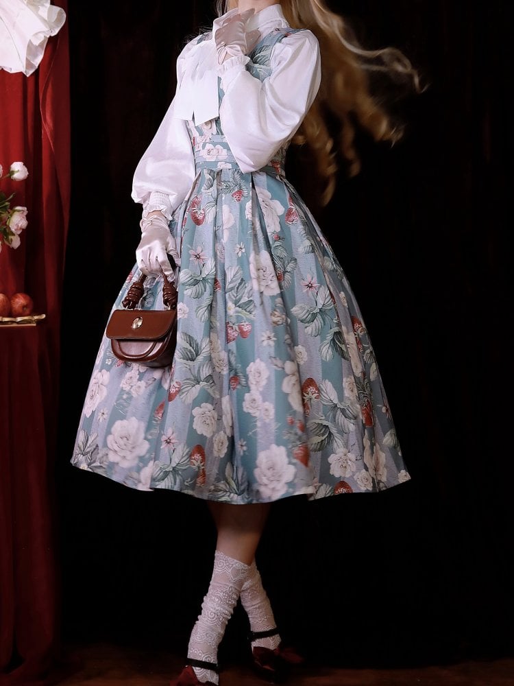 Dusty Blue Strawberry and Rose Square Neckline Elegant Classic Lolita JSK Dress