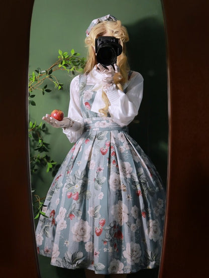 Staubblaues Erdbeer- und Rosen-Quadrat-Ausschnitt, elegantes klassisches Lolita-JSK-Kleid