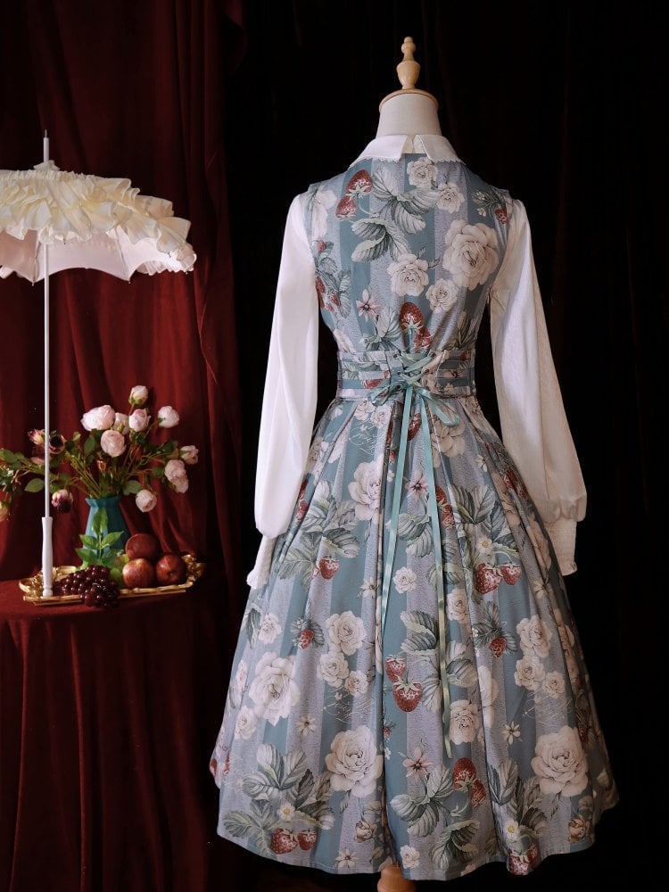 Staubblaues Erdbeer- und Rosen-Quadrat-Ausschnitt, elegantes klassisches Lolita-JSK-Kleid