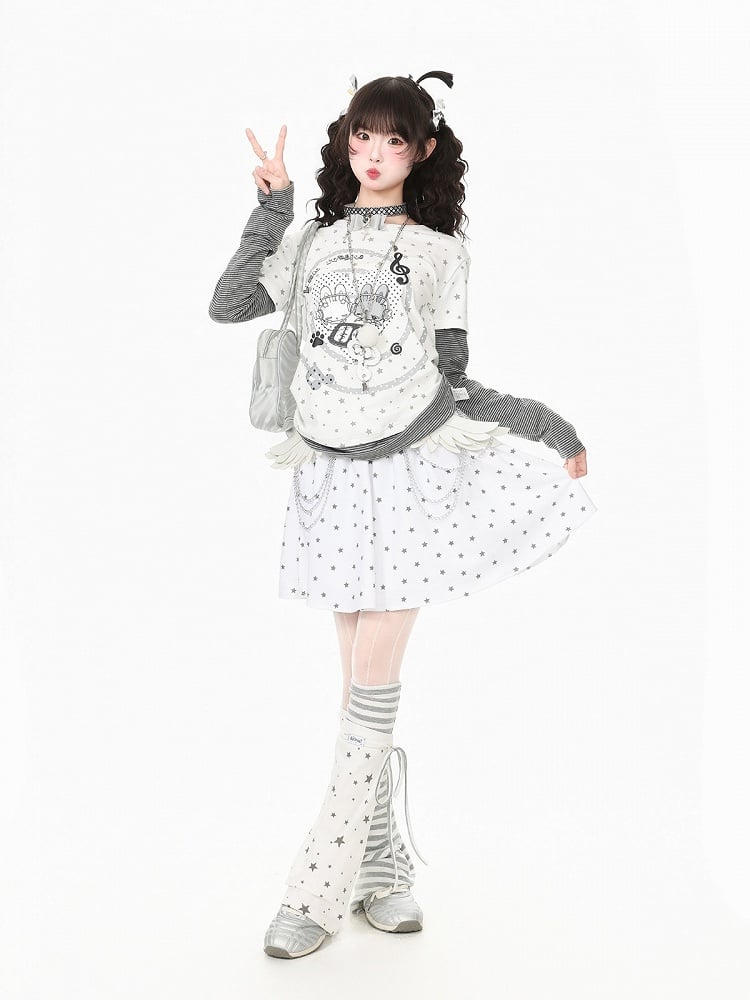Faux Two Piece Otaku White Round Neck Long Sleeve Bunny Star Top - Languid Park