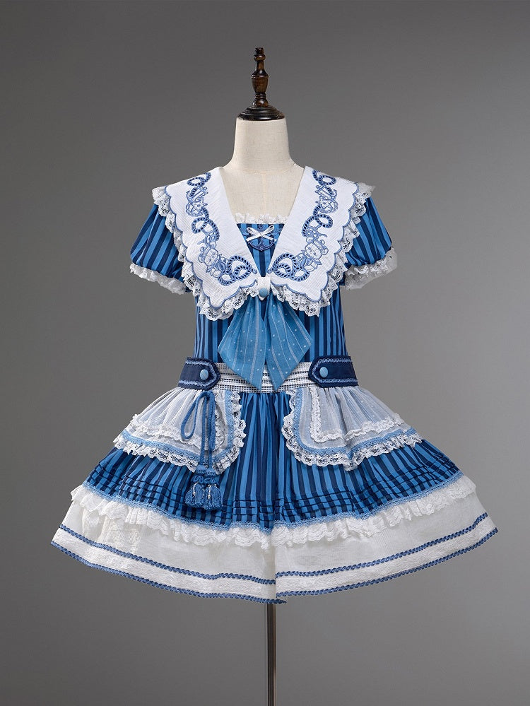 Striped Low Waist Sailor Dress with Blue Embroidery - Twin Bear Original Design